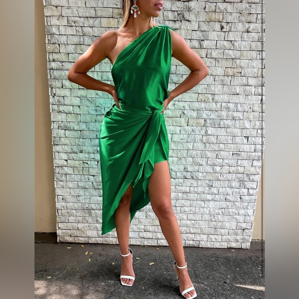 Women's Satin One Shoulder Dress Ruched Asymmetrical Hem Wrap Tie Sexy Bodycon